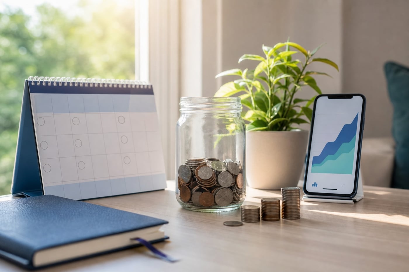 Coins accumulating in a clear jar beside a calendar and a smartphone displaying a simple progress chart