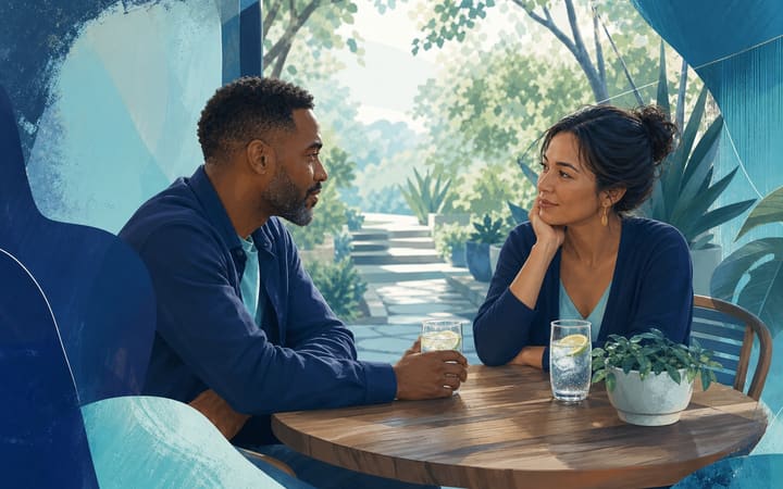 Two adults having a calm, supportive conversation over alcohol-free drinks in a peaceful outdoor setting