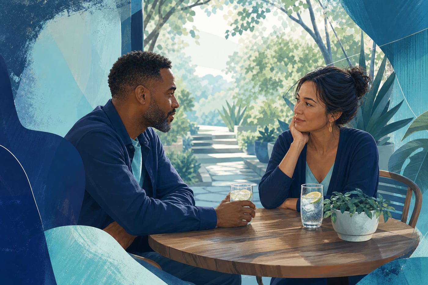 Two adults having a calm, supportive conversation over alcohol-free drinks in a peaceful outdoor setting