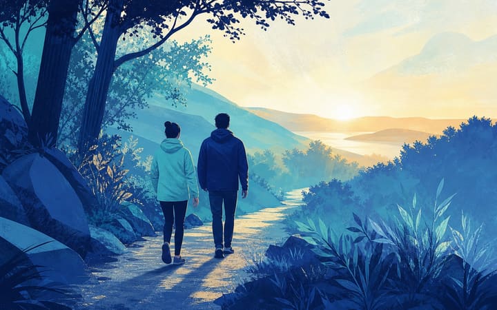 A person walking along a calm woodland path at sunrise with a trusted companion nearby