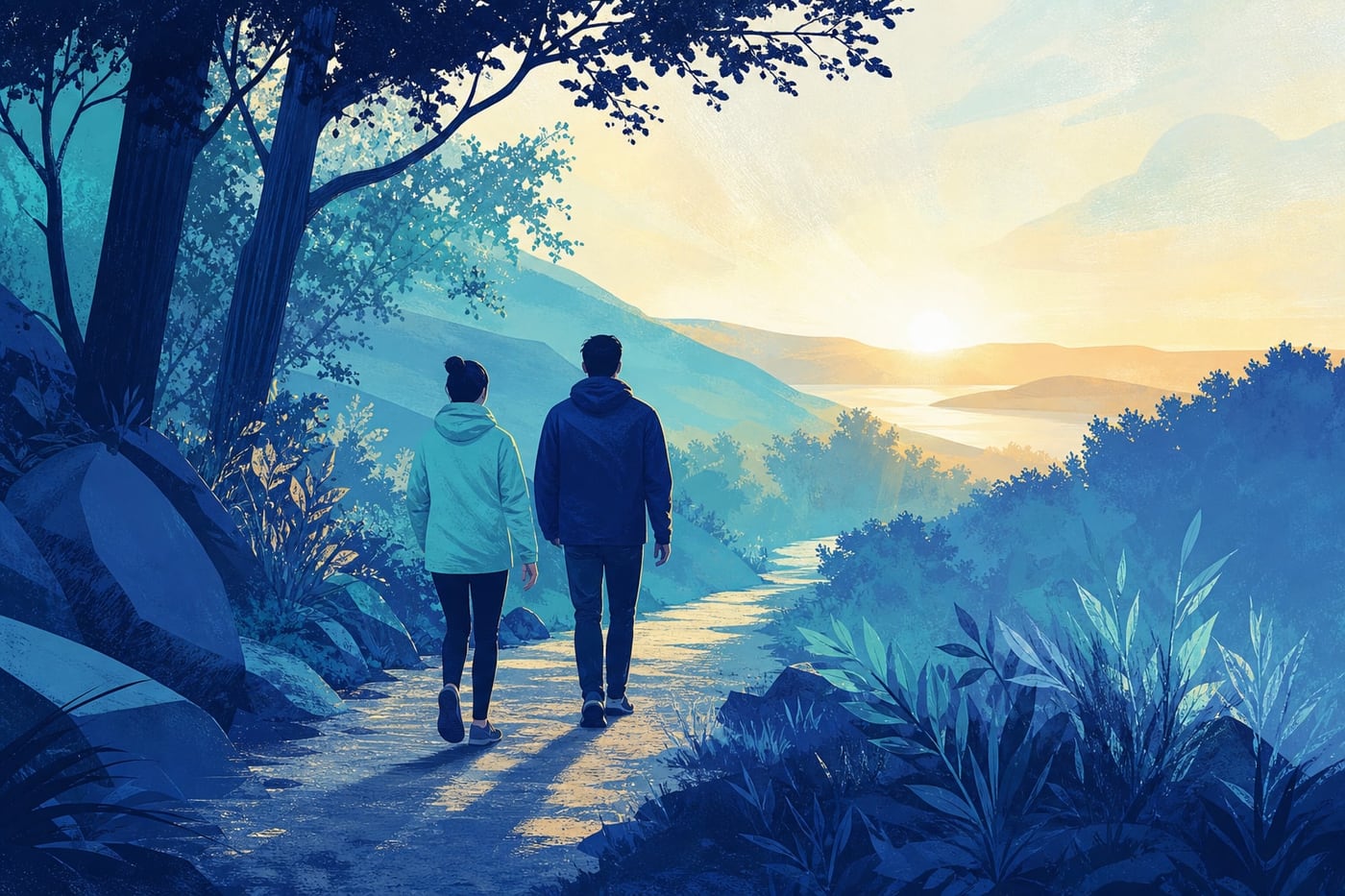 A person walking along a calm woodland path at sunrise with a trusted companion nearby