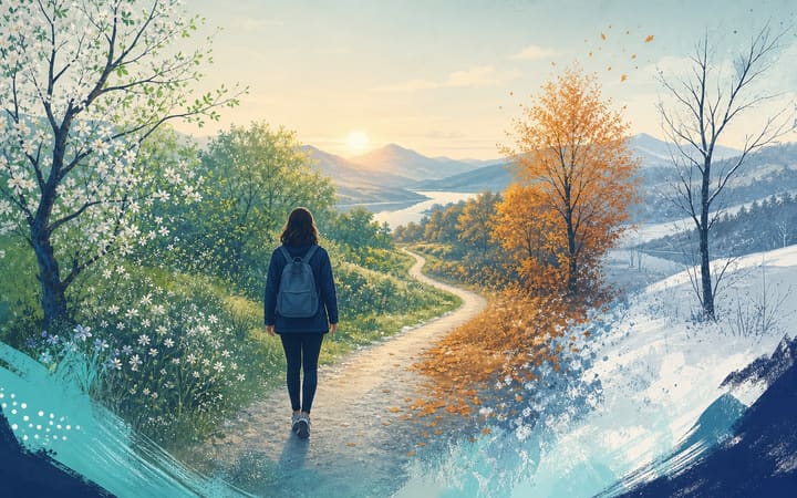 A person walking along a sunlit path through changing seasons, symbolizing gradual progress during the first year of recovery