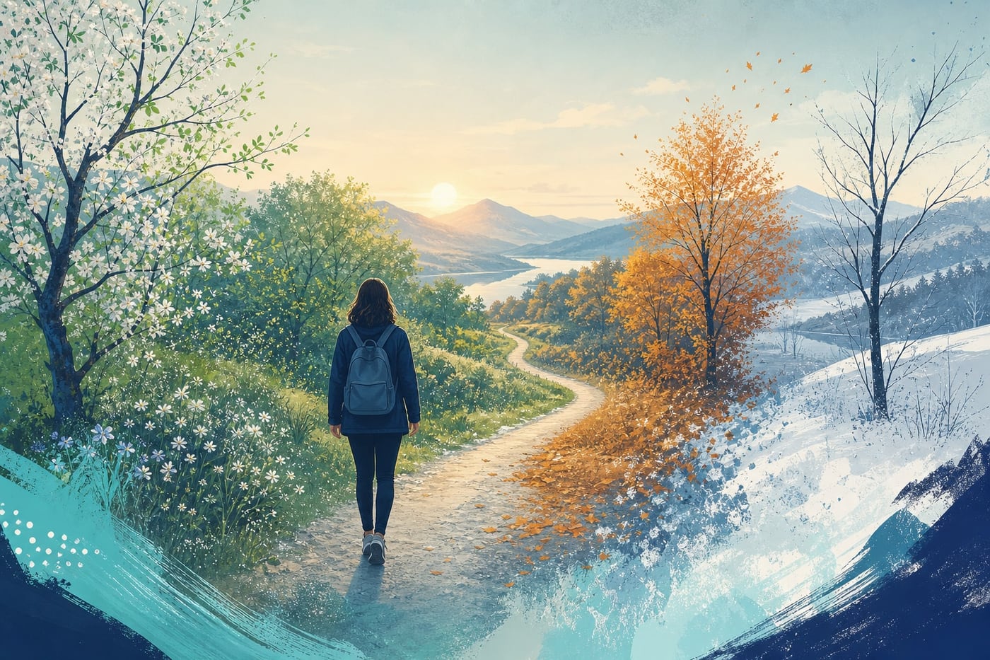 A person walking along a sunlit path through changing seasons, symbolizing gradual progress during the first year of recovery