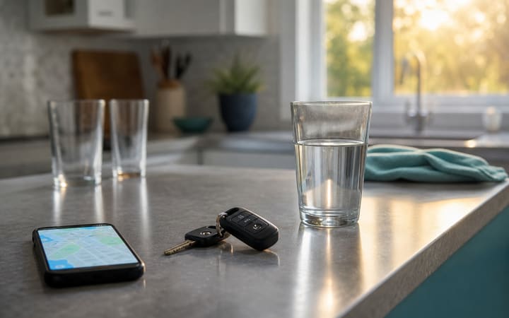 Car keys resting on a kitchen counter beside water and a phone in the early morning light
