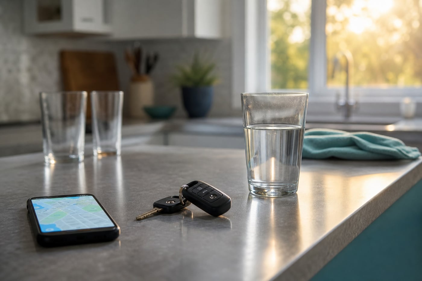 Car keys resting on a kitchen counter beside water and a phone in the early morning light