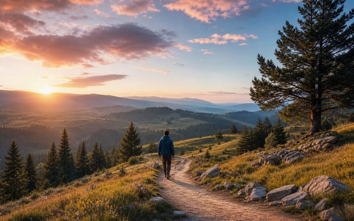 Person walking along a sunlit path as pink clouds give way to a calm, clear horizon