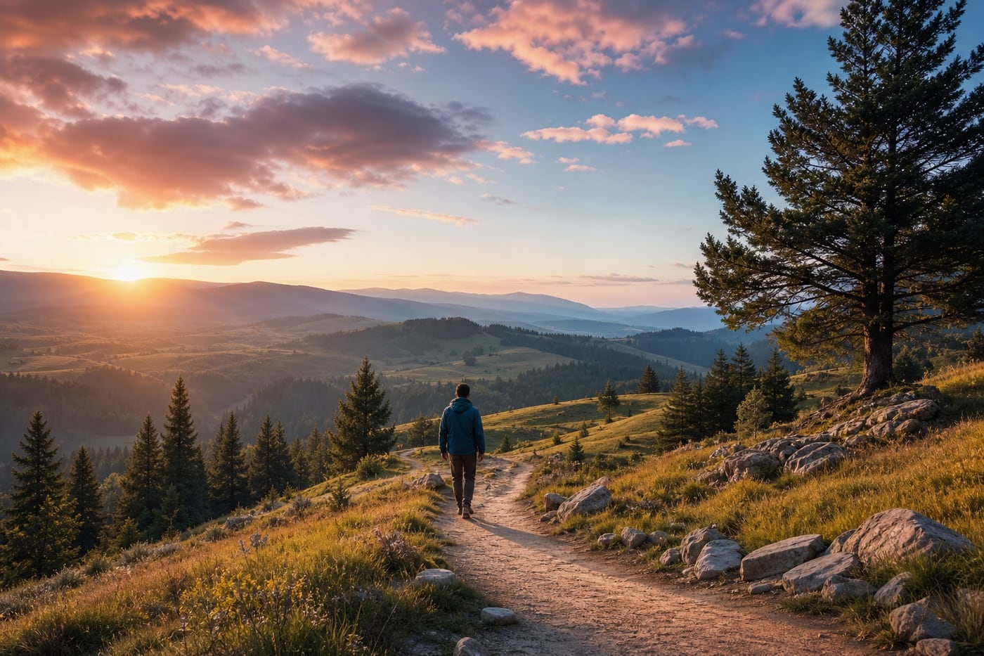 Person walking along a sunlit path as pink clouds give way to a calm, clear horizon