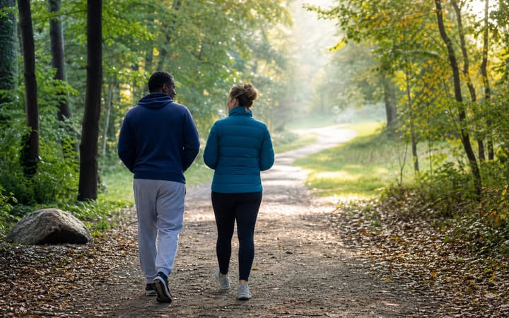 Two people walking together along a calm woodland path toward warm morning light