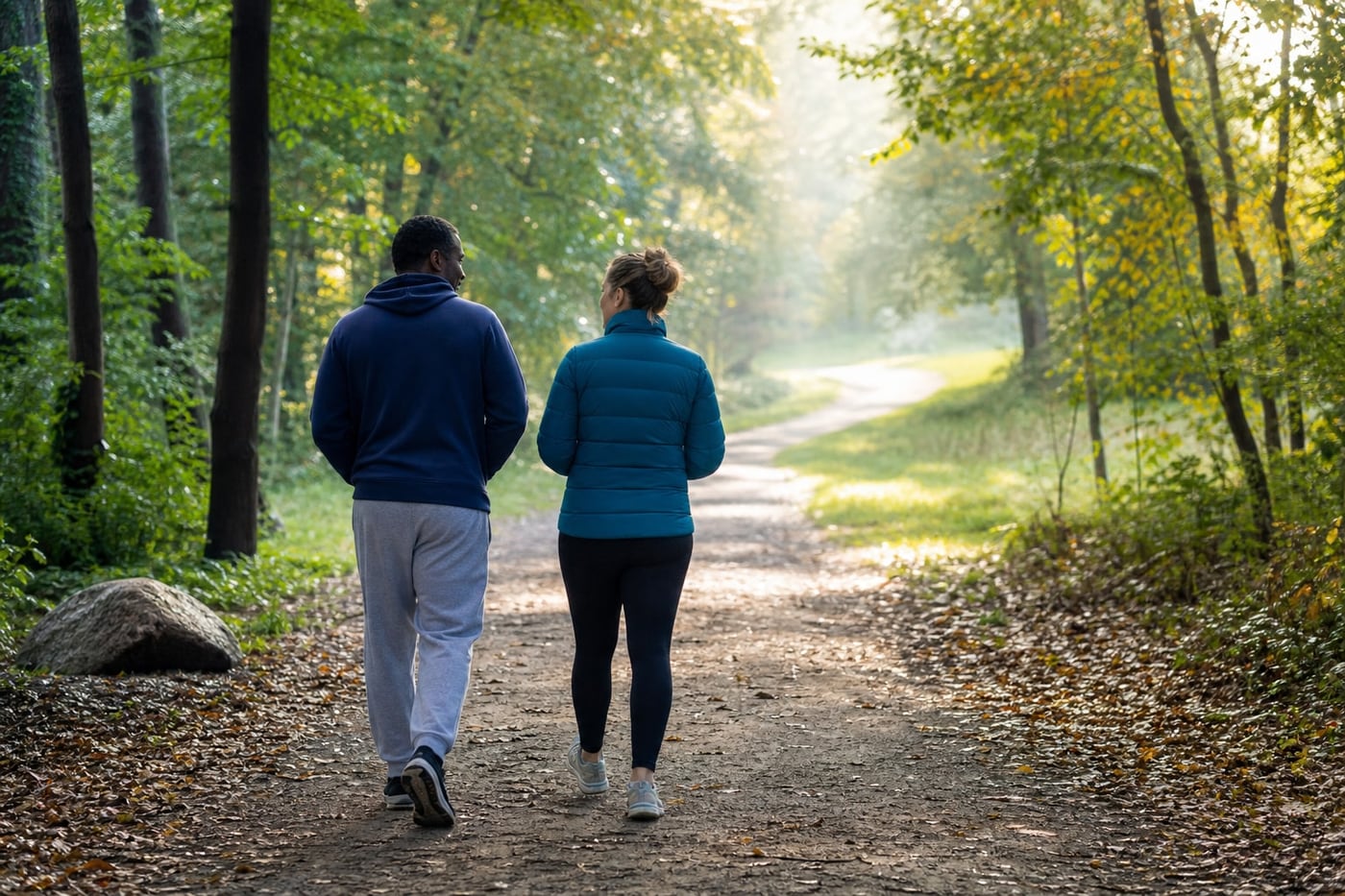 Two people walking together along a calm woodland path toward warm morning light