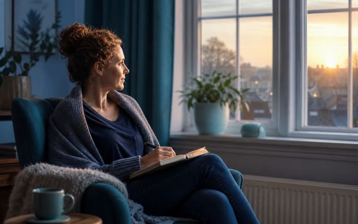 A person sitting calmly beside a window at sunrise, reflecting with a notebook and cup of tea