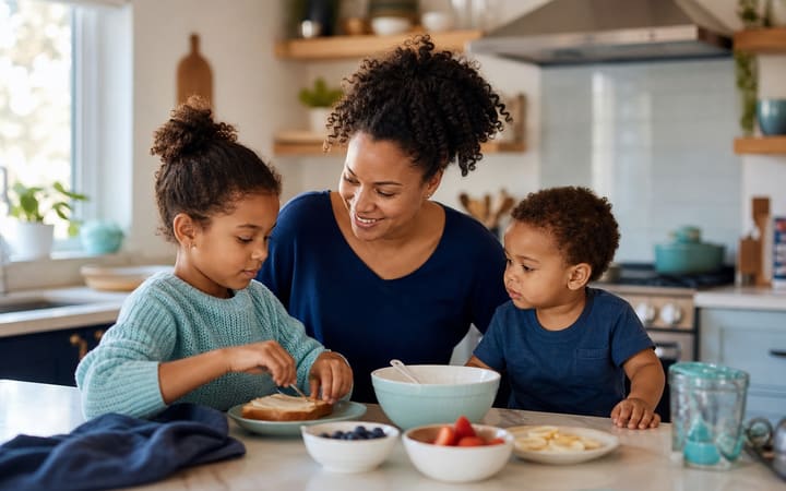 A sober parent spending calm, attentive time with two children in a bright family kitchen