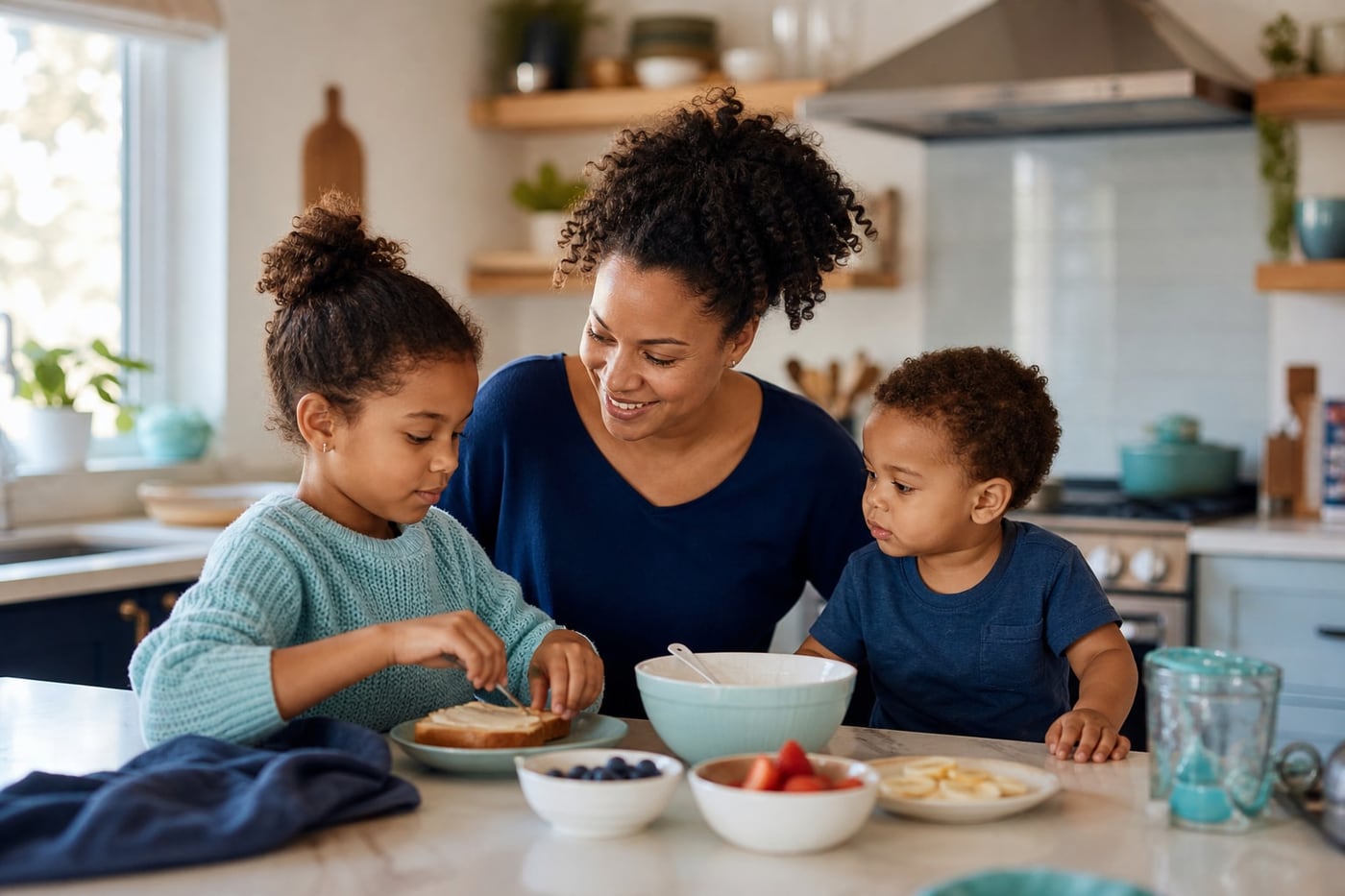 A sober parent spending calm, attentive time with two children in a bright family kitchen