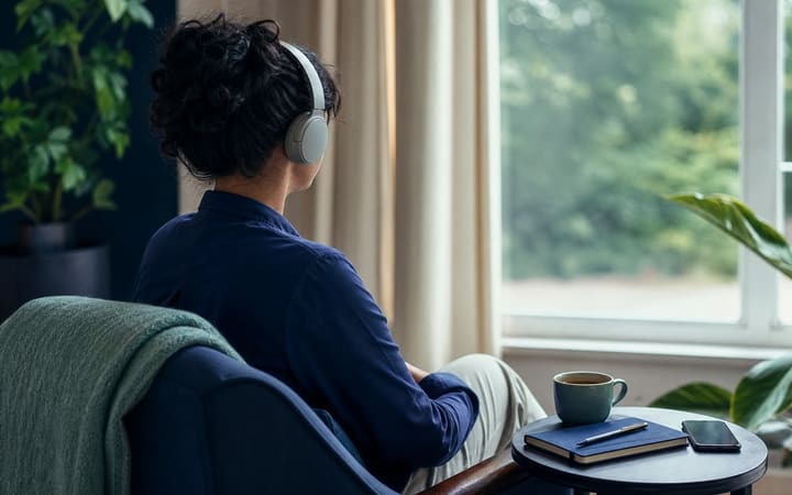 Person relaxing by a bright window with headphones, a notebook and a cup of tea while listening to a recovery podcast