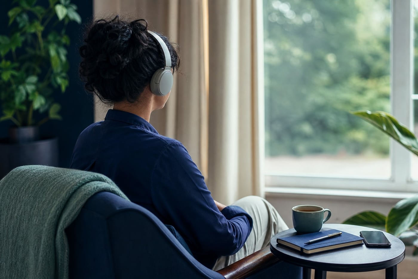 Person relaxing by a bright window with headphones, a notebook and a cup of tea while listening to a recovery podcast