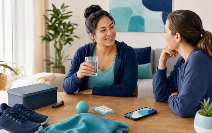 Adult preparing to quit vaping with a supportive friend nearby and a vape placed unused on a table