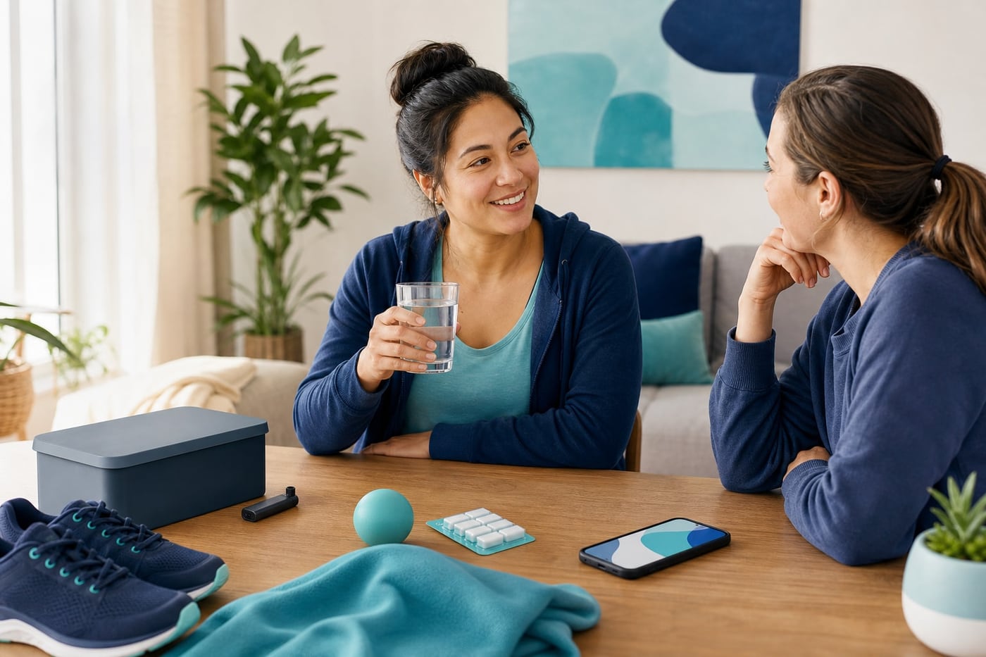 Adult preparing to quit vaping with a supportive friend nearby and a vape placed unused on a table