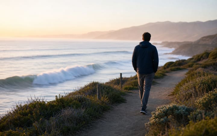 A person calmly walking along a sunlit coastal path as waves rise and settle beside them