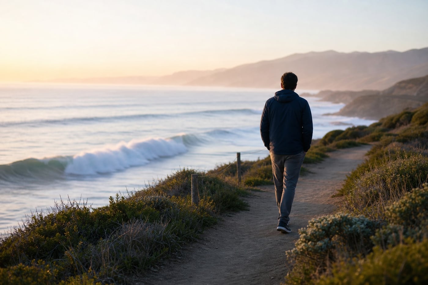 A person calmly walking along a sunlit coastal path as waves rise and settle beside them