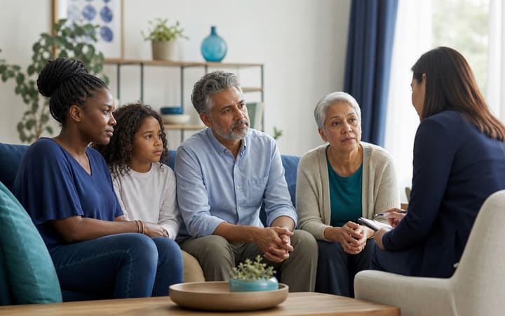 A diverse family having a calm, supportive conversation with a counselor in a comfortable living room