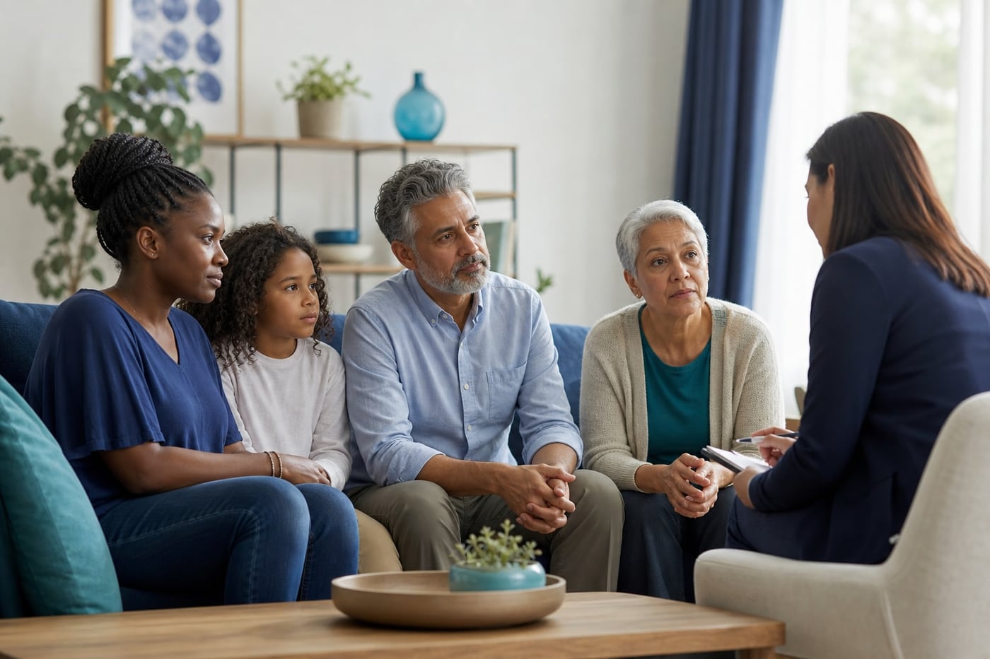 A diverse family having a calm, supportive conversation with a counselor in a comfortable living room