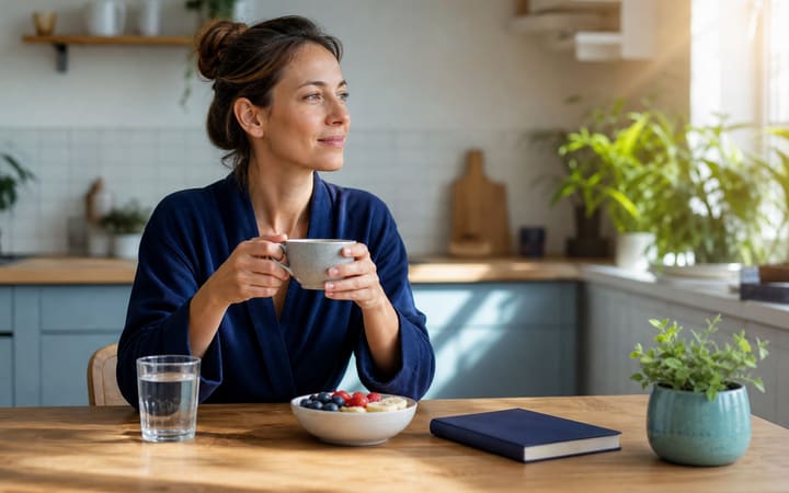 Person starting the morning with herbal tea and water beside a bright window