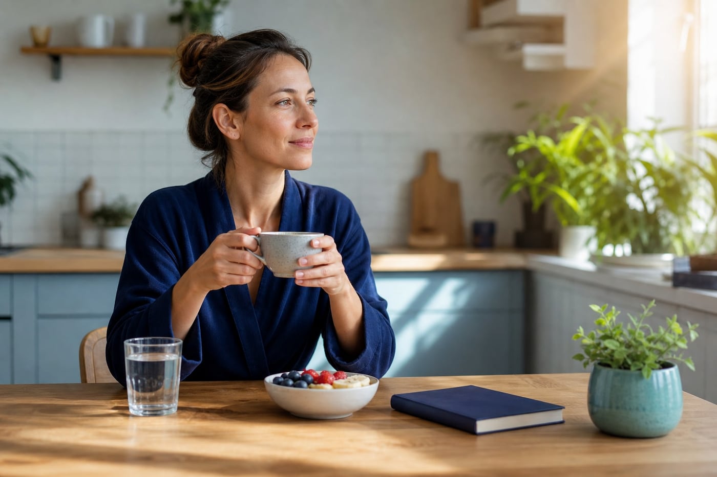 Person starting the morning with herbal tea and water beside a bright window