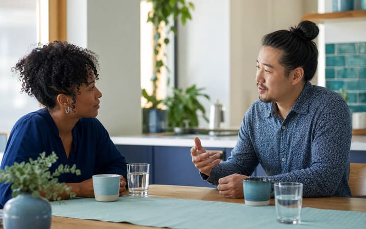 Two adults having a calm conversation at a kitchen table in a comfortable alcohol-free shared space