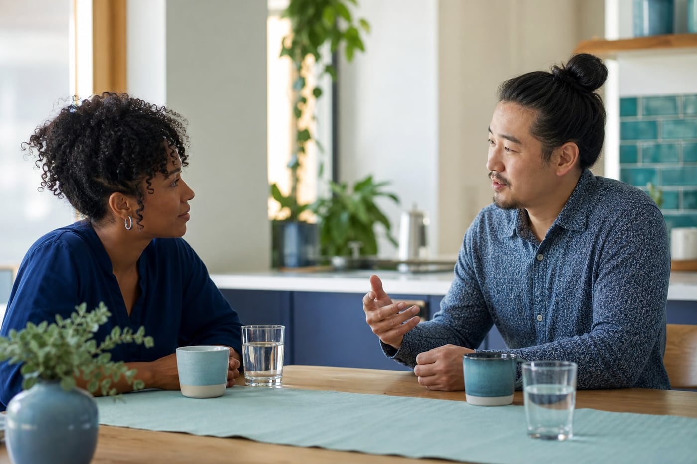 Two adults having a calm conversation at a kitchen table in a comfortable alcohol-free shared space