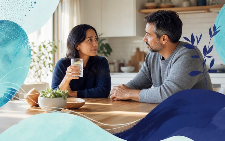 A couple having a calm conversation at a kitchen table, with water and alcohol-free drinks nearby