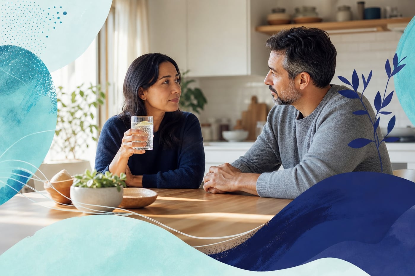 A couple having a calm conversation at a kitchen table, with water and alcohol-free drinks nearby