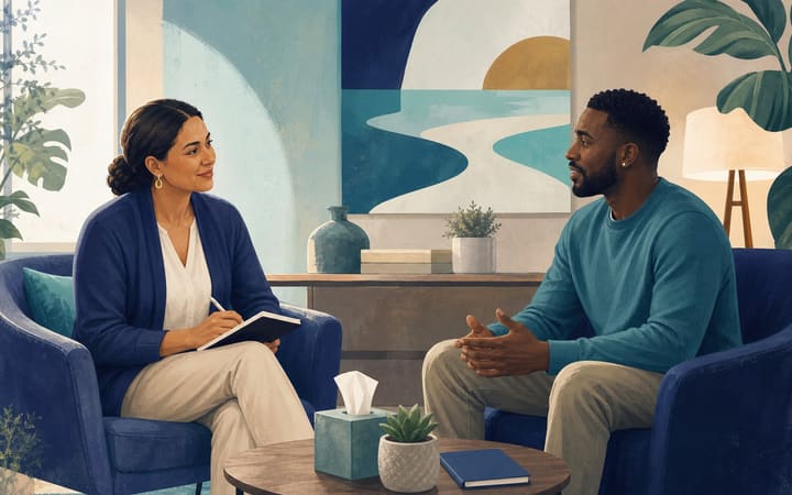 A counselor and client having a calm, private conversation in a comfortable, professional office