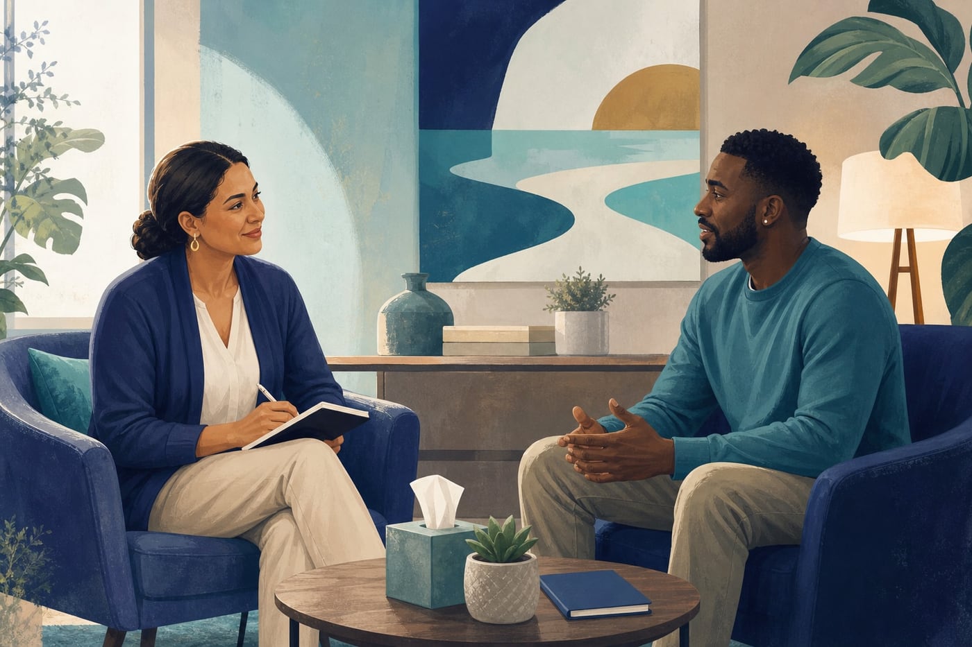 A counselor and client having a calm, private conversation in a comfortable, professional office