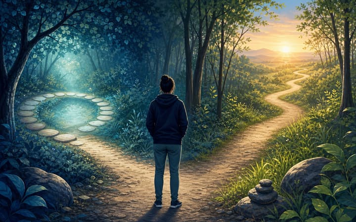 A person pausing at a forked woodland path, with a bright shortcut and a calmer path leading toward a sunlit horizon