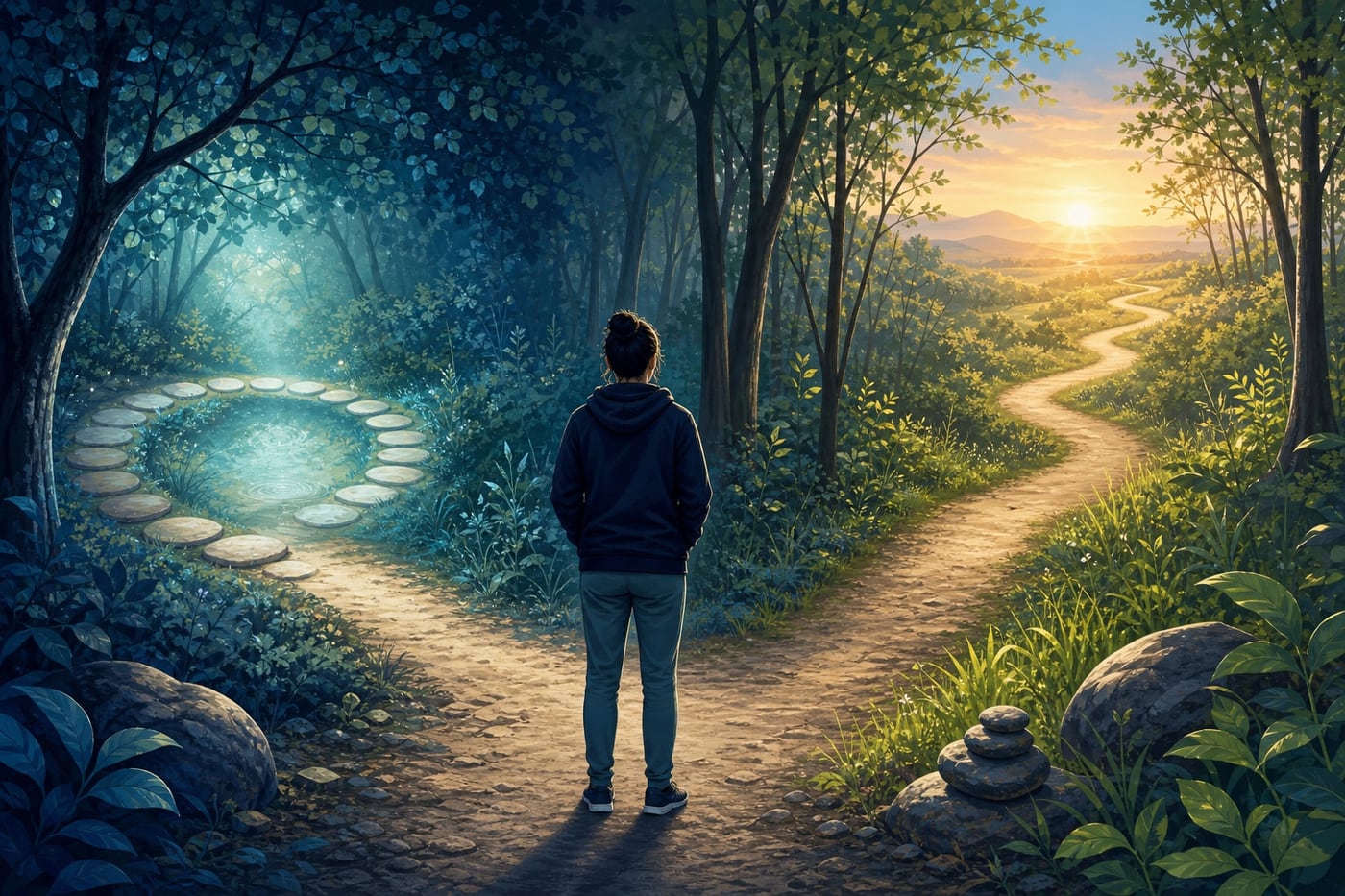 A person pausing at a forked woodland path, with a bright shortcut and a calmer path leading toward a sunlit horizon