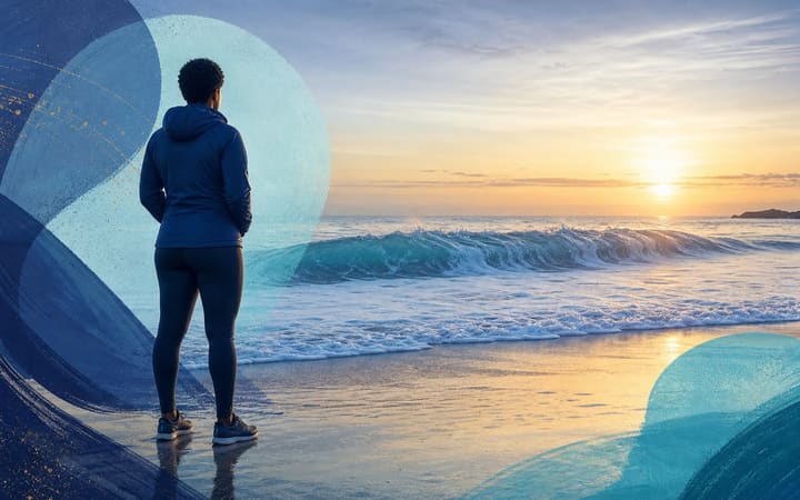 A person calmly observing ocean waves from a quiet shoreline at sunrise, representing changing urges and thoughtful recovery language
