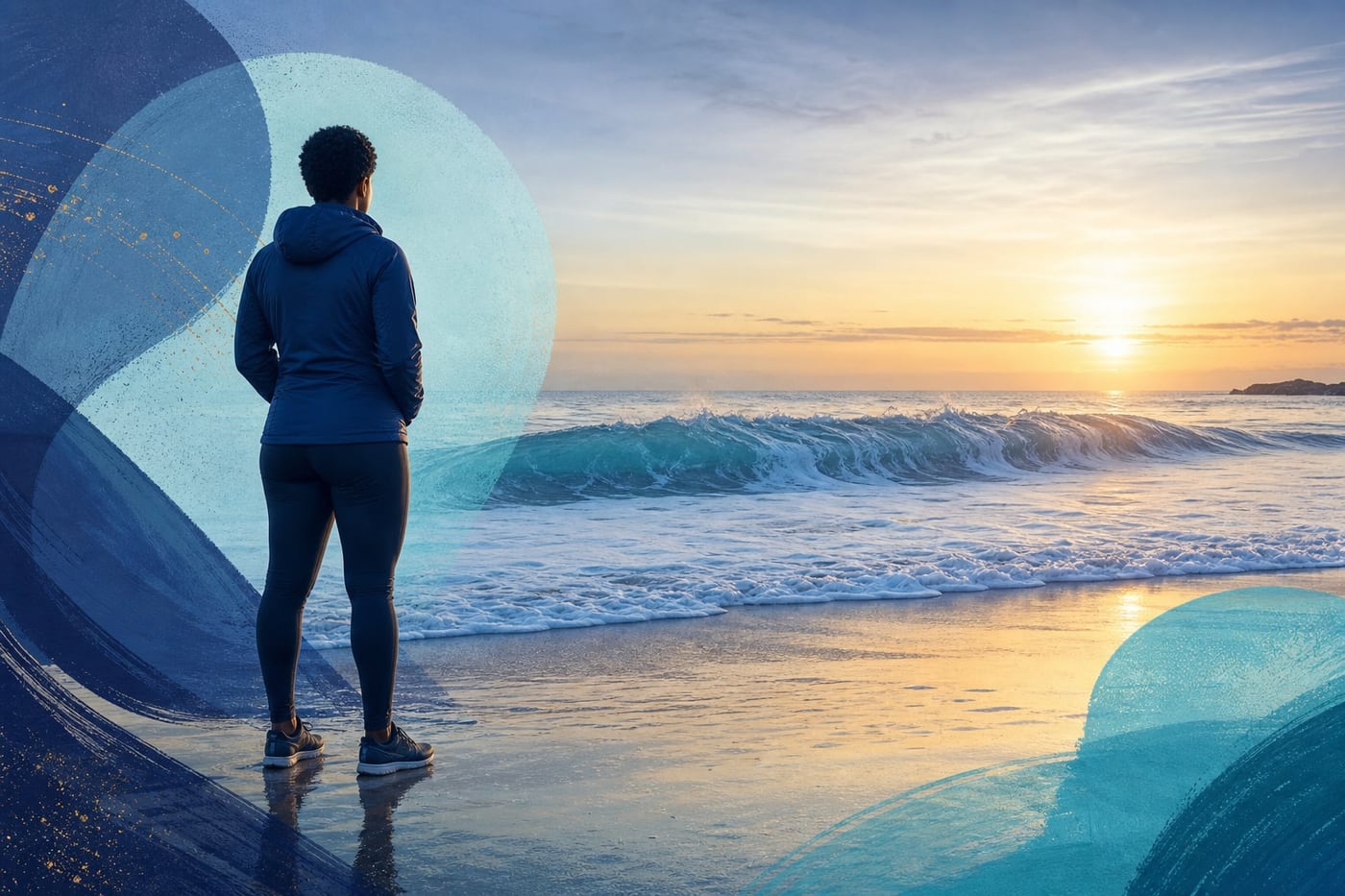 A person calmly observing ocean waves from a quiet shoreline at sunrise, representing changing urges and thoughtful recovery language