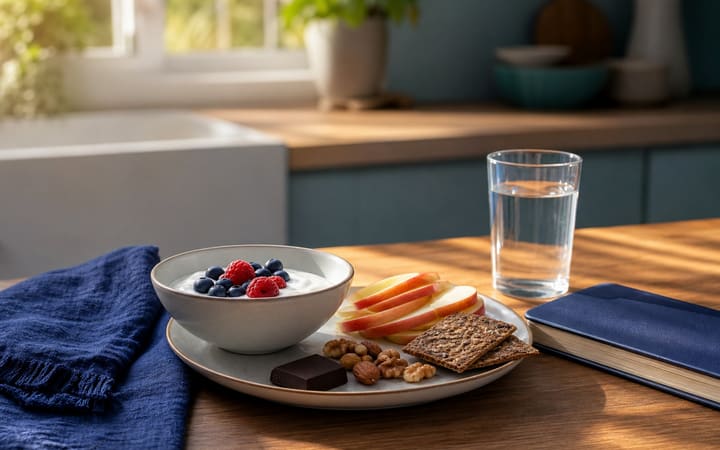 A balanced snack of fruit, yogurt, nuts and a small piece of chocolate beside a glass of water in a calm kitchen