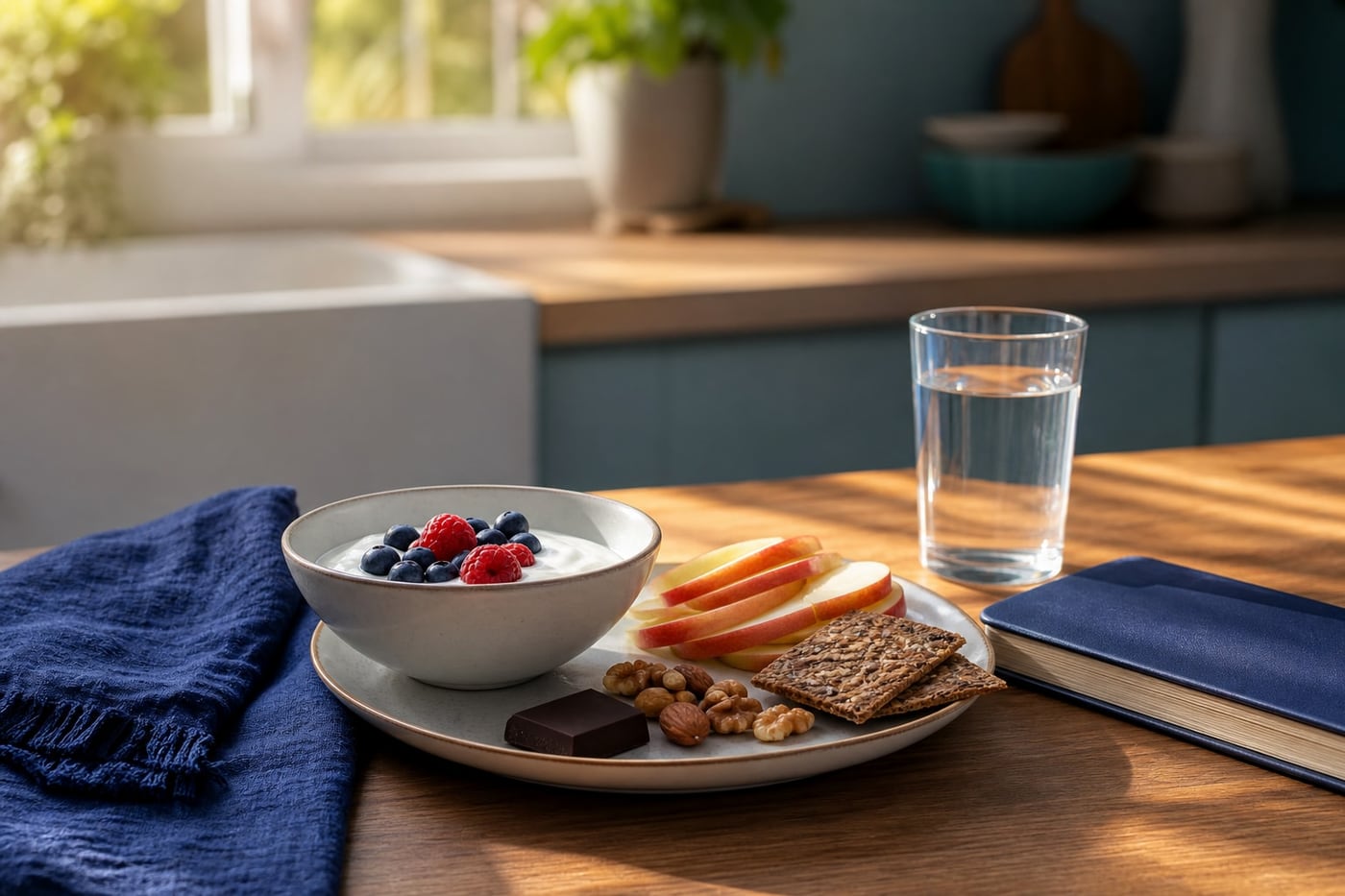 A balanced snack of fruit, yogurt, nuts and a small piece of chocolate beside a glass of water in a calm kitchen